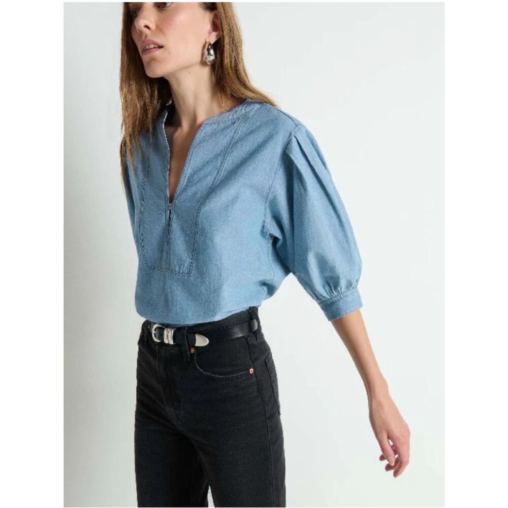New Nation LTD Emmett Top Chambray Puff Sleeve Half Zip Cotton Blouse Women’s S